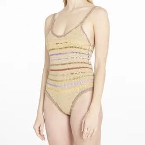 SHE MADE ME Rahi Crochet One Piece Swimsuit Taupe Brown Size Small NWOT